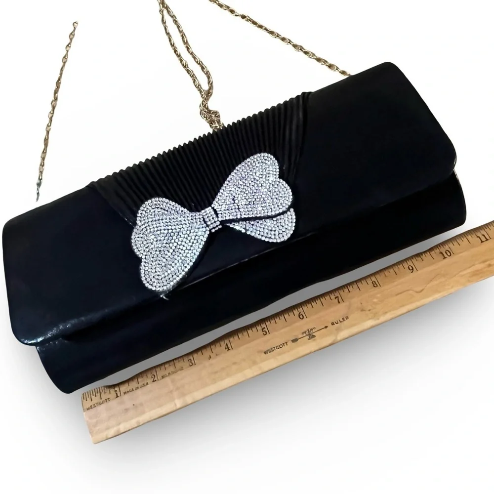 Black Rhinestone Bow Evening Clutch with Chain Gold Chain Strap